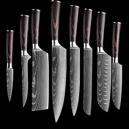 7CR17 stainless steel chef knife with laser Damascus pattern and colour steel handle