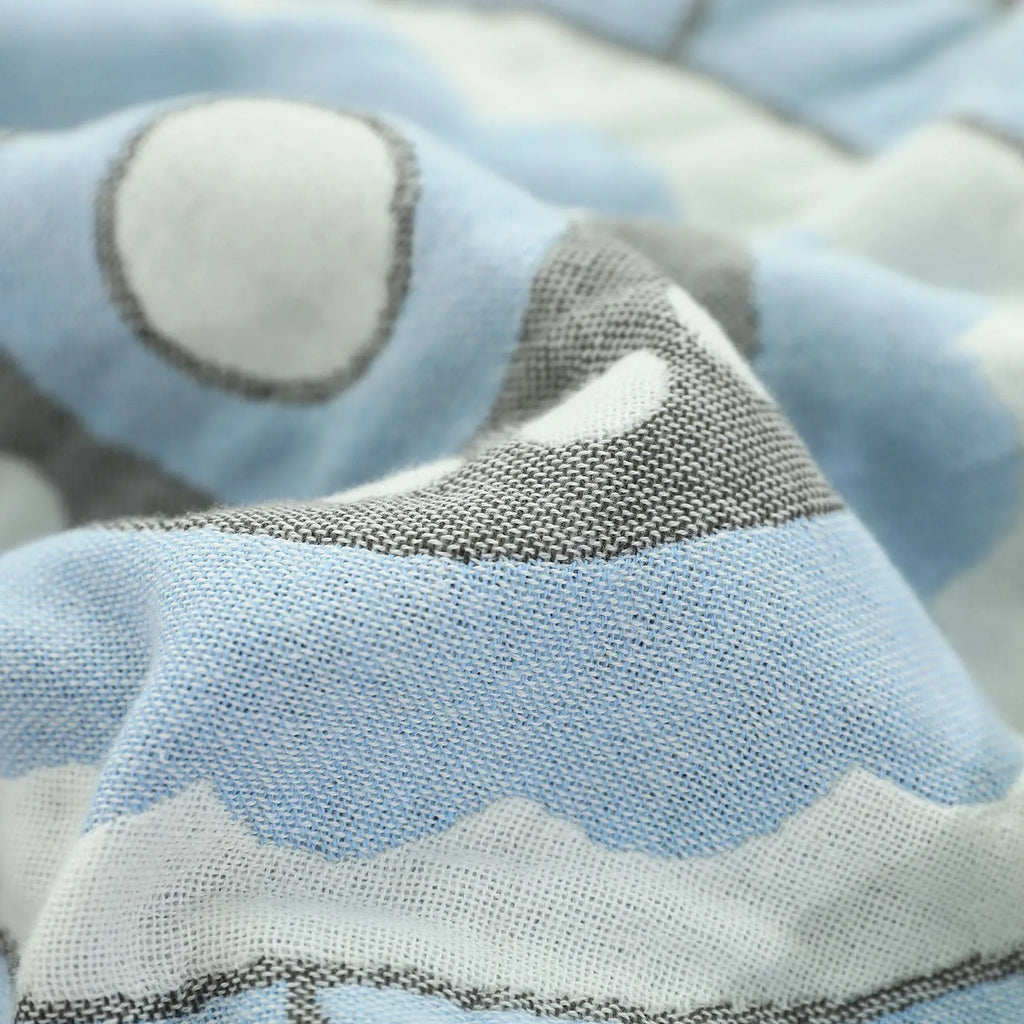 Pure cotton washed five layers towel blanket with floral pattern in blue, two sizes available