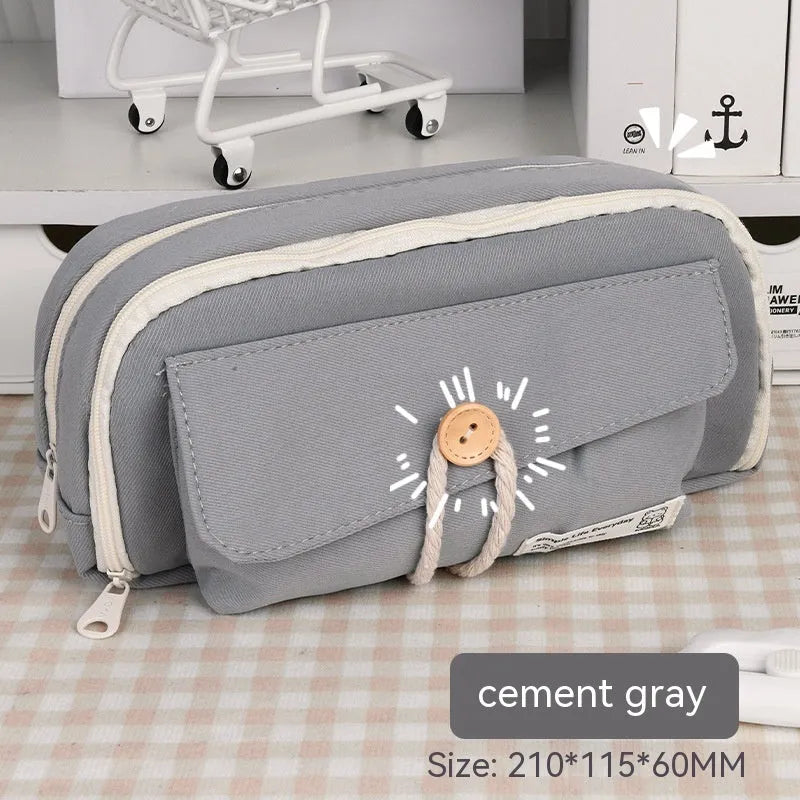 Green canvas pencil case with large capacity for about 80 pens, showing simple Korean style design.