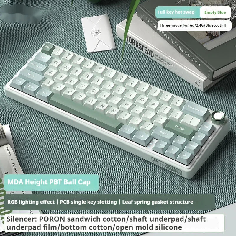 White portable wireless mechanical keyboard with RGB backlighting on a desk