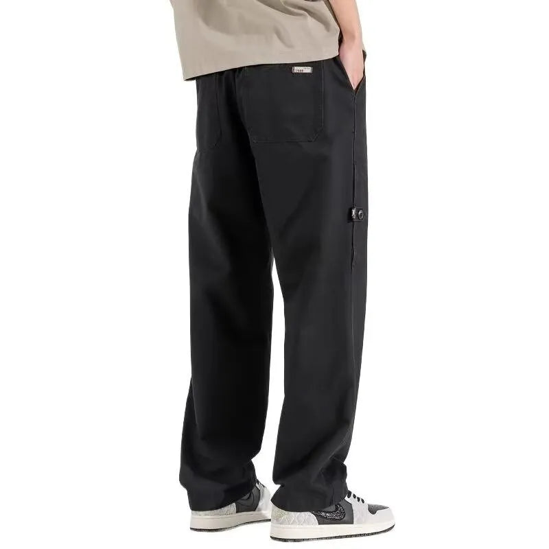 All-match loose wide-leg pants in black drawstring mid-waist style