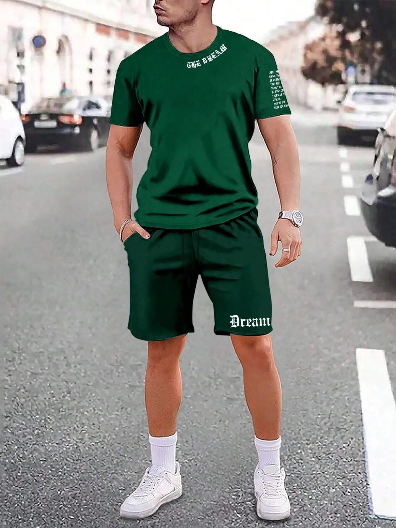Sports-style short sleeve shirt and matching shorts set in a printed pattern, shown in colour G23P1573.
