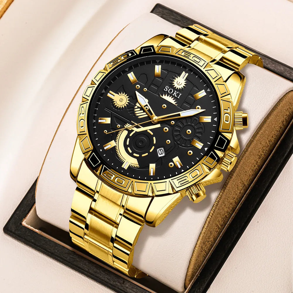 Gold-coloured men's business watch with a stainless steel band and a single folding buckle on a wrist