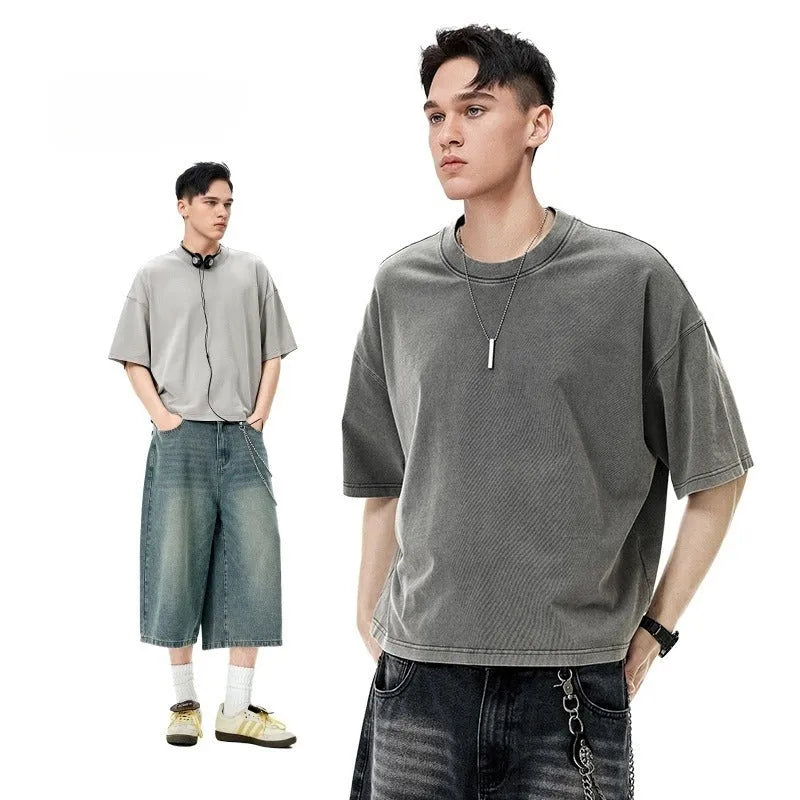 Men's vintage wash cotton T-shirt in khaki colour with loose fit and drop-shoulder sleeves