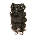 Seven-piece clip-in real human hair extension set in 16-24 inch lengths with clips and headgear