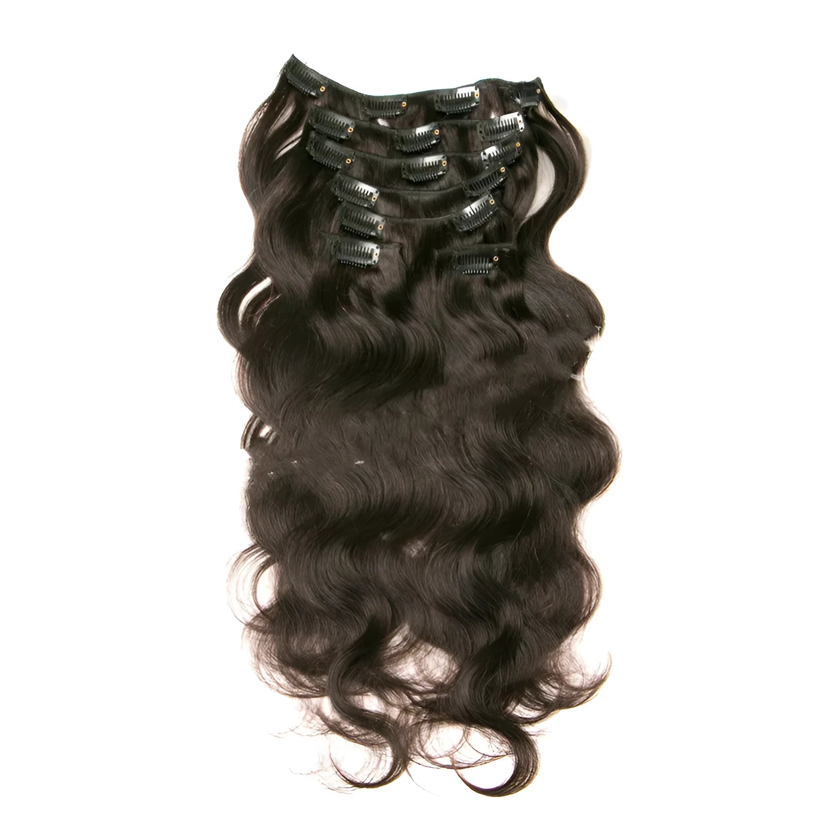 Seven-piece clip-in real human hair extension set in 16-24 inch lengths with clips and headgear