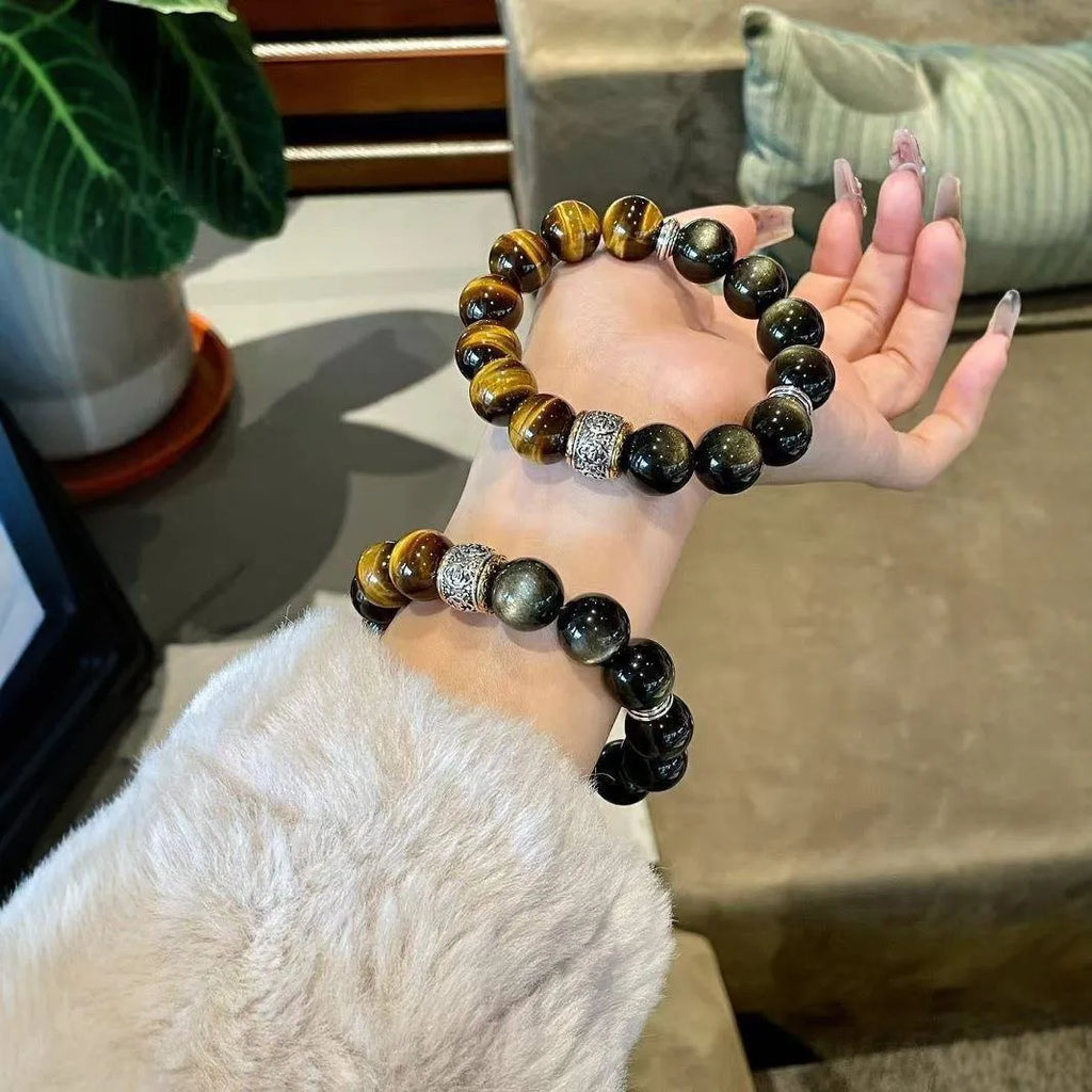 Women's tigereye silver stone double bracelet with gold inlay and U-shaped design
