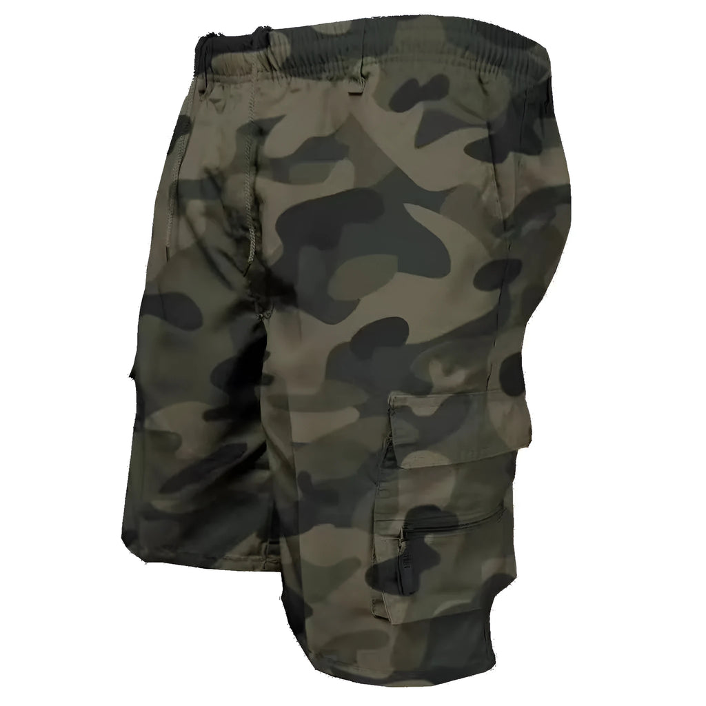 Men's loose-fit cotton casual shorts with drawstring waist and multiple pockets in camouflage green
