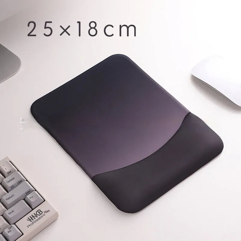 Square black silica gel mouse pad with raised keyboard support area and integrated wrist rest on a wooden desk.