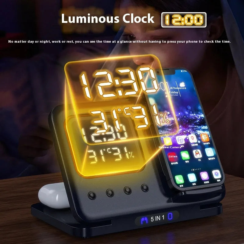 Black wireless charging station with digital display showing time and temperature, charging phone and watch