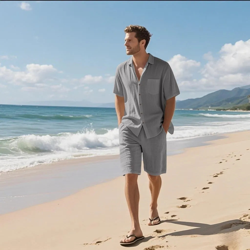 Linen blend short sleeve shirt and elastic waist shorts set in light blue on a mannequin.