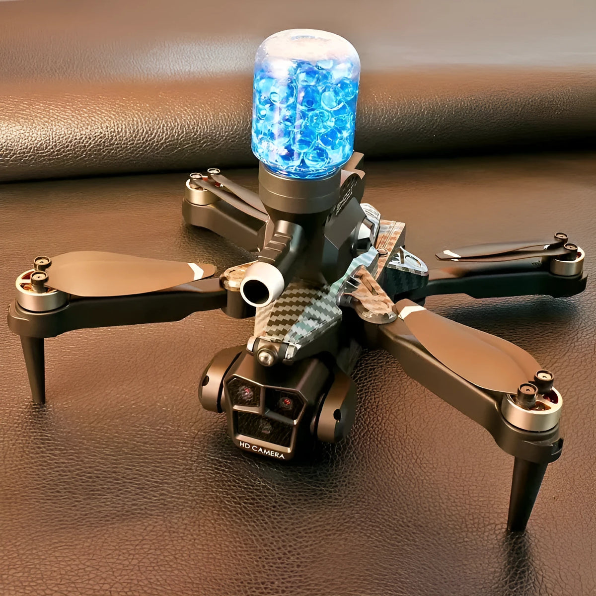 Optical flow three camera four-axis UAV drone in black, carbon fibre or grey, plastic, under 30cm, with brushless motor and water bomb version