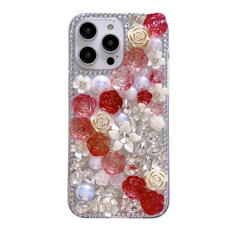 Handmade 3D diamond rose flower phone case for iPhone, TPU anti-fall anti-fingerprint cover in red rose colour