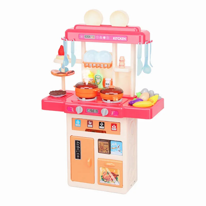31-piece simulation kitchen table toy set with pink plastic utensils and 43cm table featuring sound light and real spray water