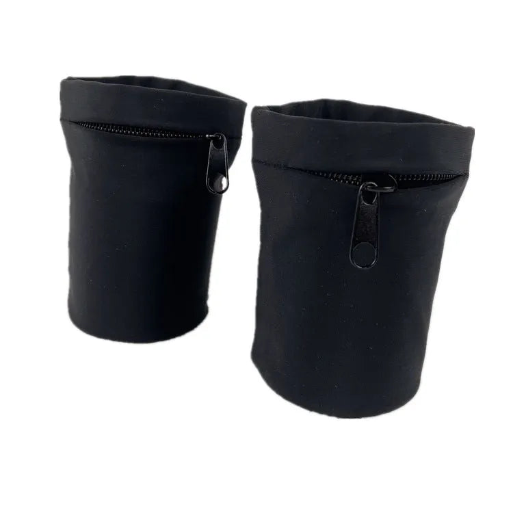 Black wrist bag armband sleeve with strap, showing 10cm by 10.5cm front pocket for a mobile phone.