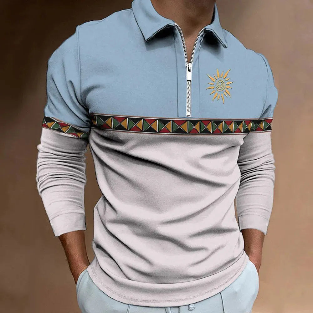 Men's retro printed striped golf t-shirt with long sleeves and loose fit in polyester fabric