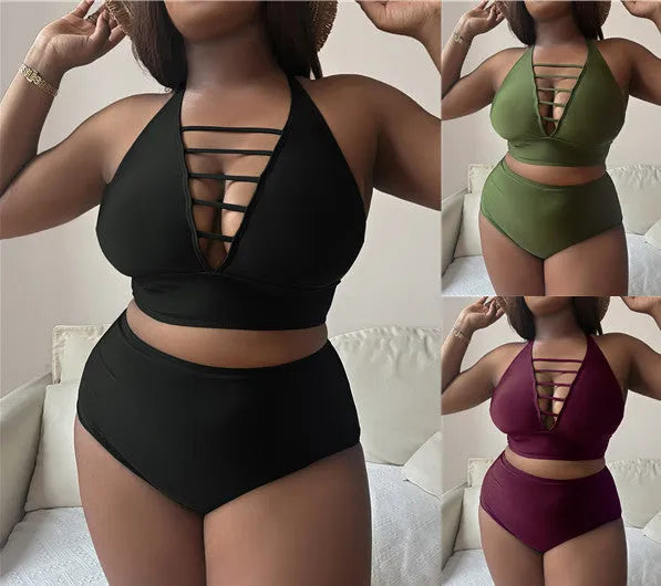 Plus size woman in a solid colour halterneck bikini with adjustable cross-back straps.