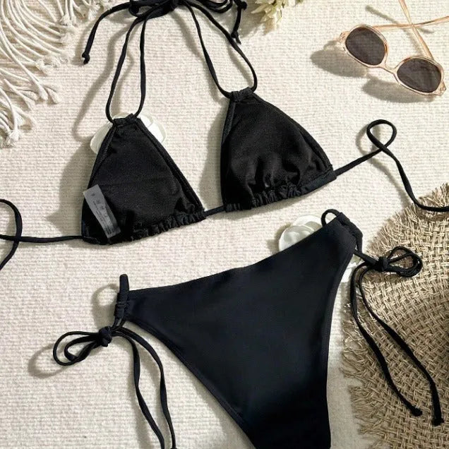 Black 3D flower lace bikini swimsuit with drawstring details and backless design