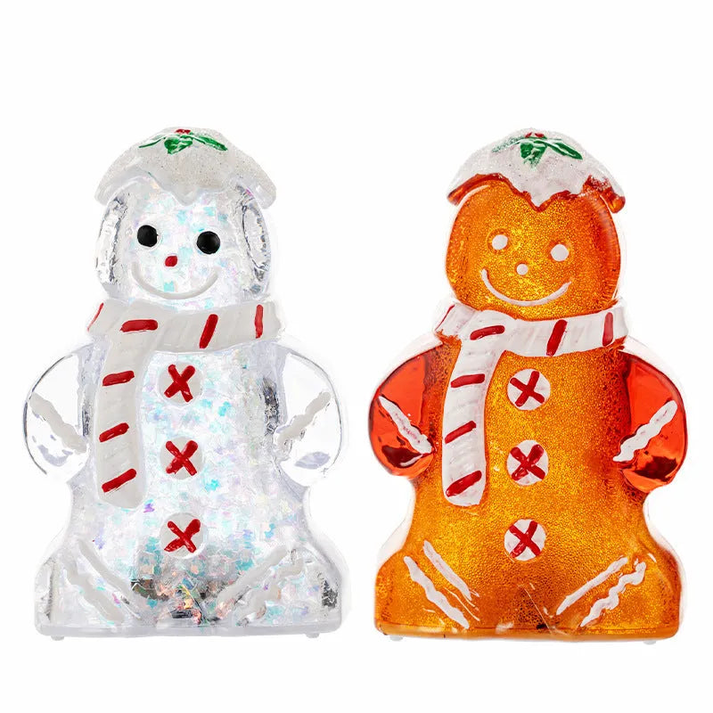 Glowing plastic gingerbread man Christmas ornament with LED light and scarf, in four colour variations.