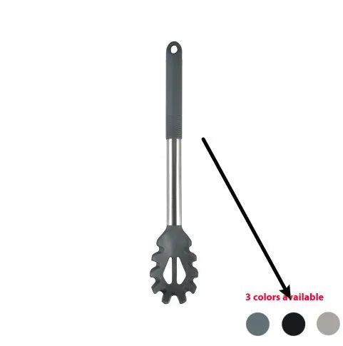 Black silicone kitchen utensil set with 12 tools stored in a rotating plastic storage bucket on a worktop.