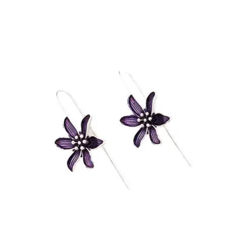Close-up of a pair of purple alloy flower-shaped earrings with a retro elegant style.