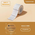Transparent waterproof self-adhesive labels in multiple rectangular and round sizes on a roll.