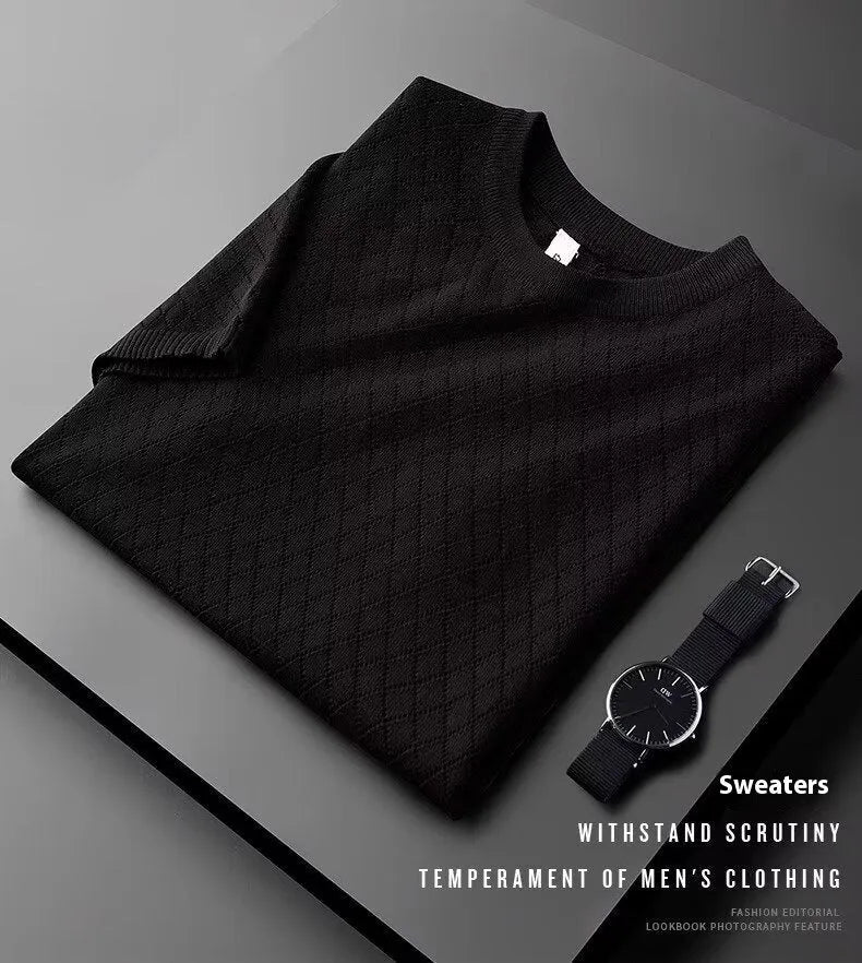 Men's black ice silk V-neck t-shirt with short sleeves on a hanger.