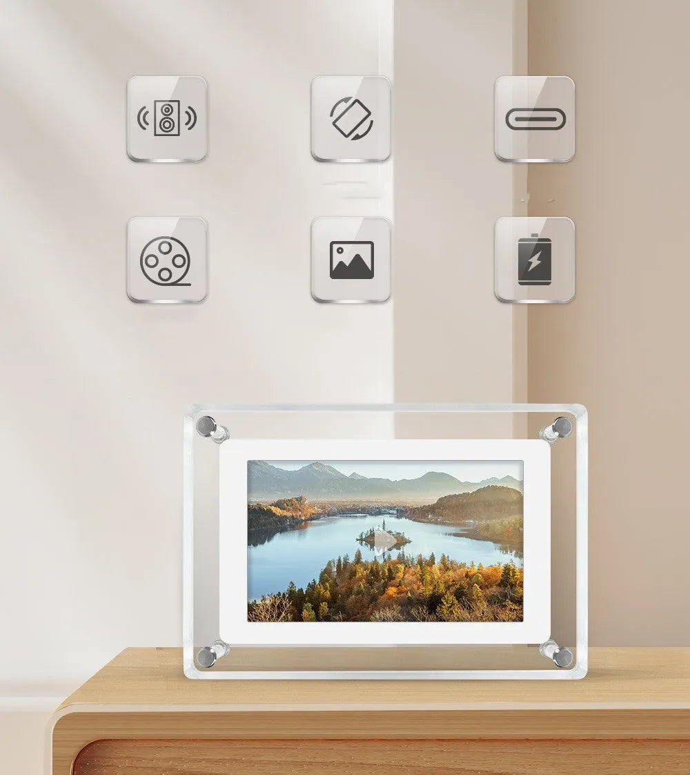 5-inch transparent acrylic digital photo frame with IPS screen and anti-dumping bracket on a desktop