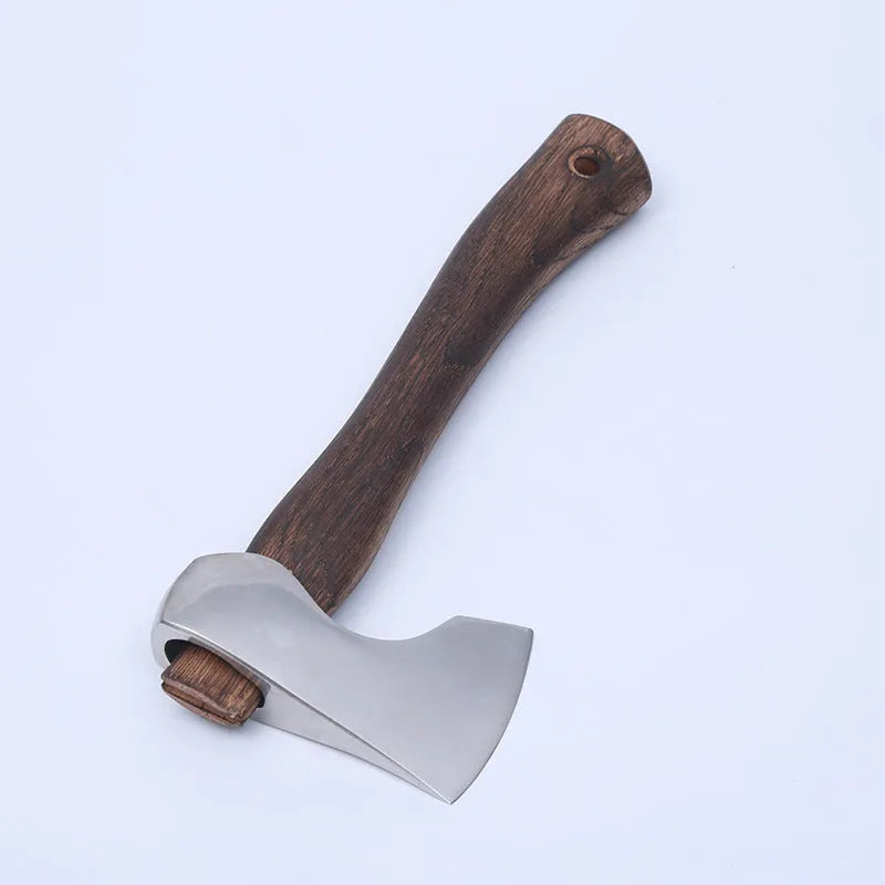 Compact camping axe with a wooden handle and high carbon steel head on a neutral background.