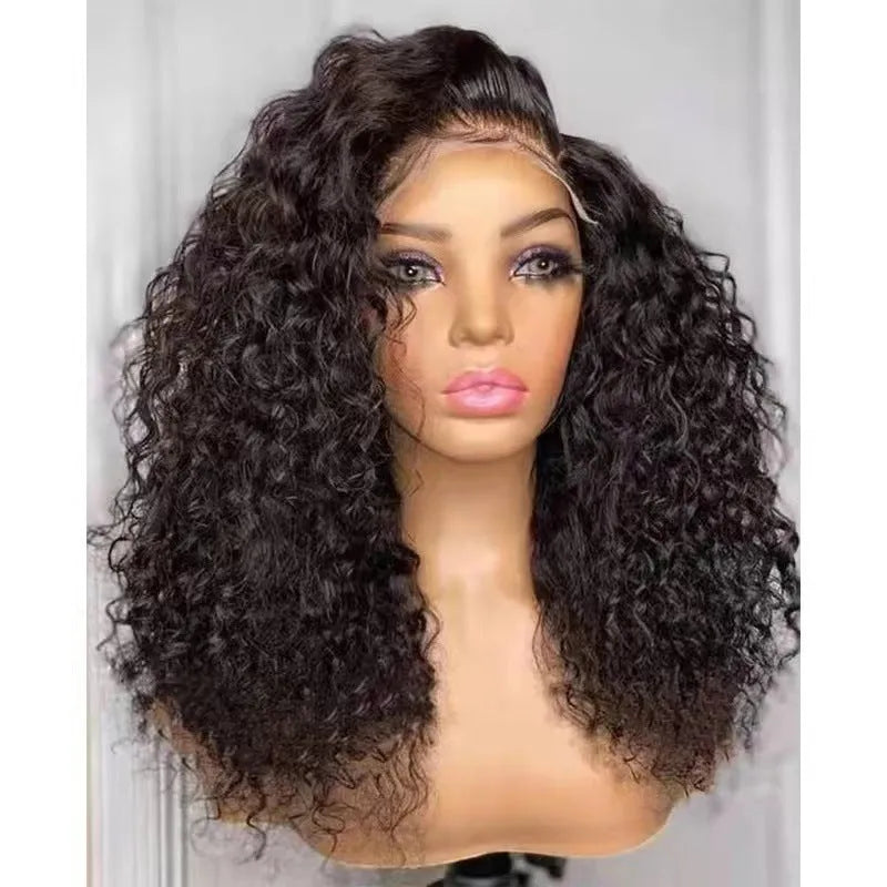 Long curly lace wig in high temperature filament for women, available in 12 to 28 inch lengths