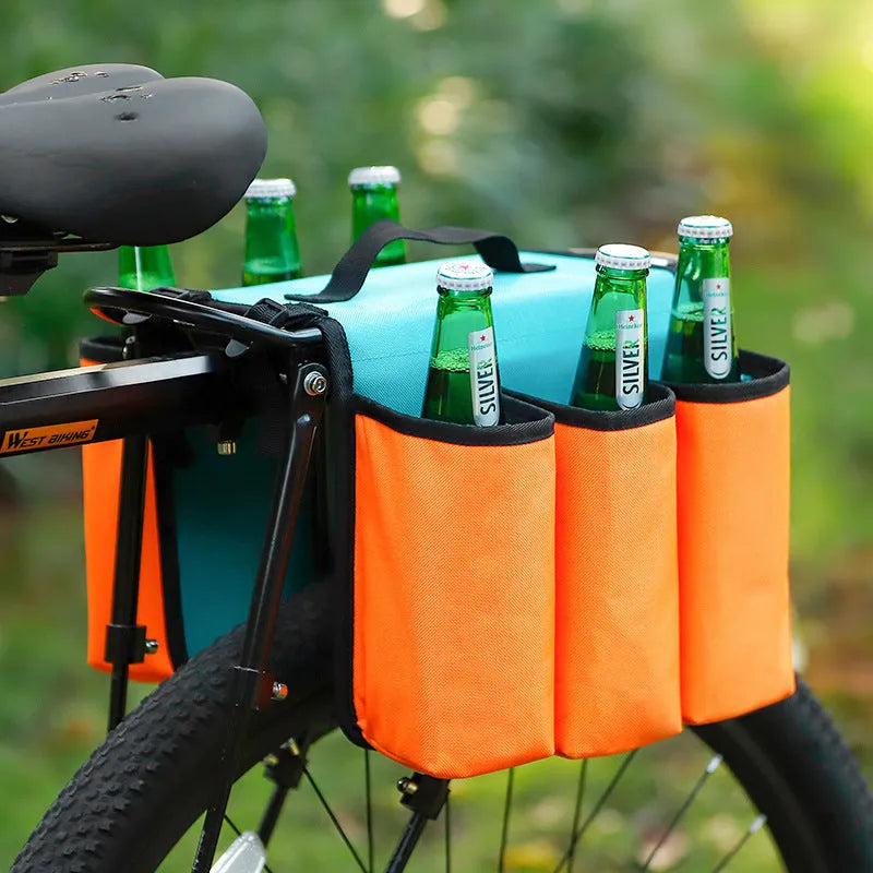 Black and blue orange bicycle double-sided drink storage bag with 2L capacity mounted on a bike rack.
