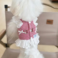 Pet dog cat thin chest back traction pastoral skirt in black and white plaid cloth material on a small dog