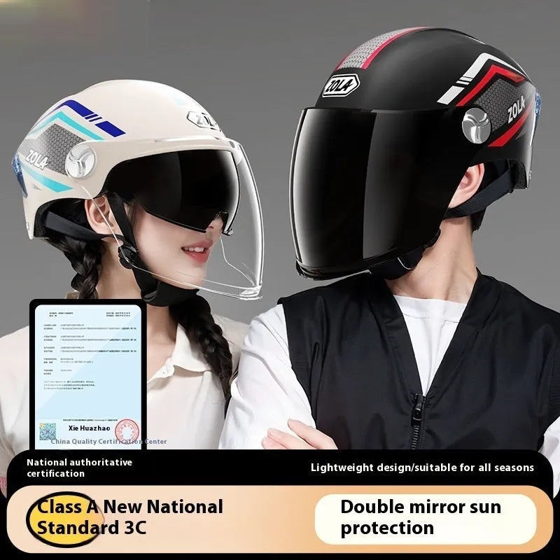 Light brown universal motorcycle half helmet with double mirror sun visor on handlebars.