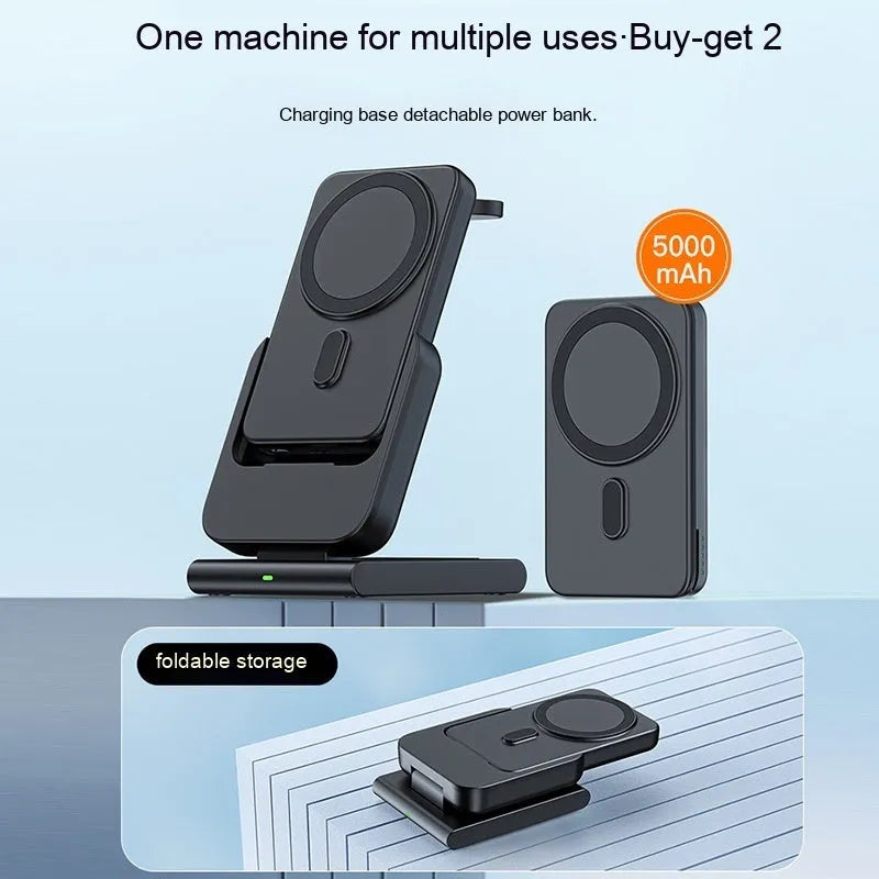 Black magnetic three-in-one power bank with folding bracket charging iPhone 12, Apple Watch, and AirPods case