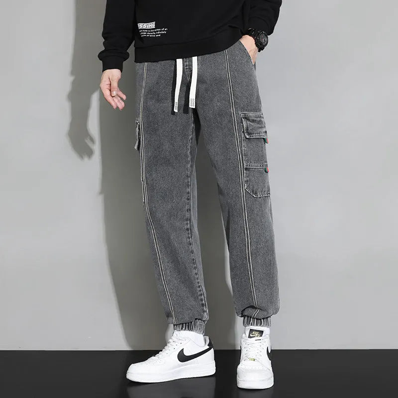 Men's retro cotton workwear jeans loose fit zip fly trousers available in gray black blue retro colour