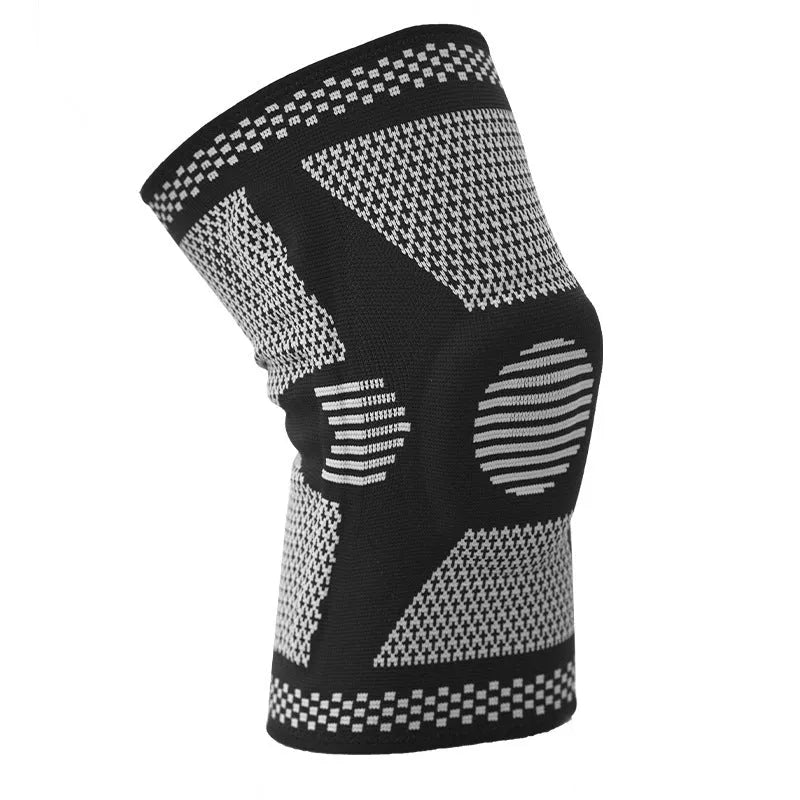 Silicone spring knee protection sleeve in blue, green, orange, or white, showing polyamide material and size fit guide.