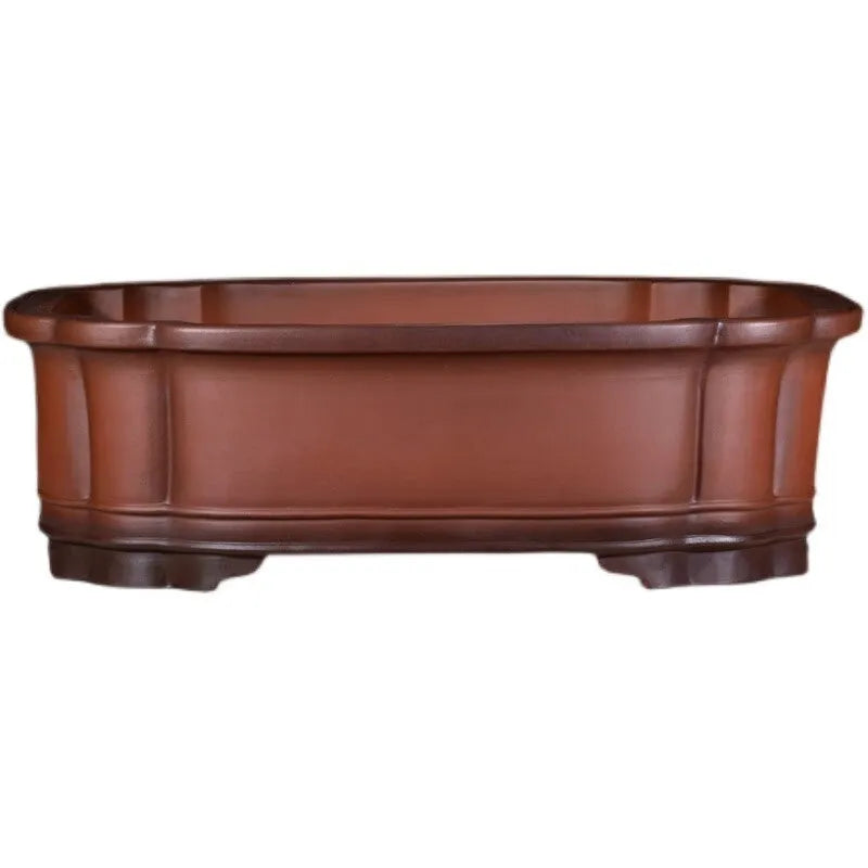 Antique Chinese style purple clay rectangular flowerpot with decorative tree and fruit motifs measuring 71cm long