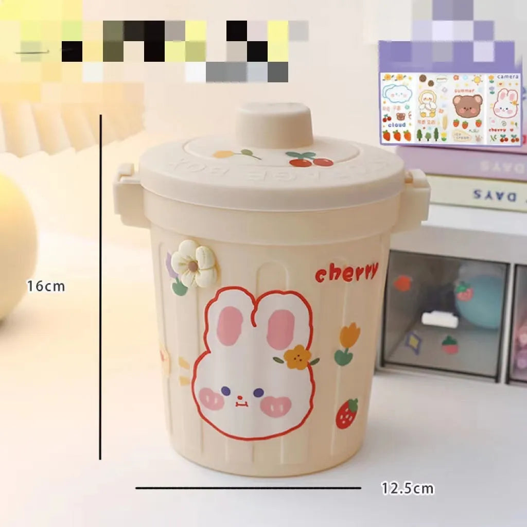 Plastic mini bear shaped desktop trash can with press-type lid in beige gray, includes stickers and garbage bags