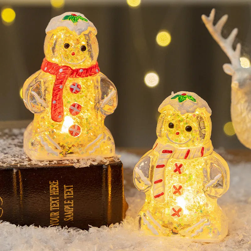 Glowing plastic gingerbread man Christmas ornament with LED light and scarf, in four colour variations.