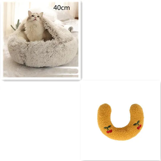 Round plush pet bed in brown for cats and small dogs, size 40cm