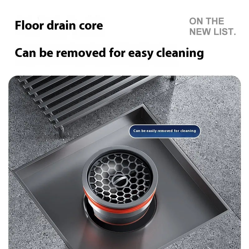 304 stainless steel courtyard floor drain with gun grey ABS plastic core, measuring 15x15 cm.