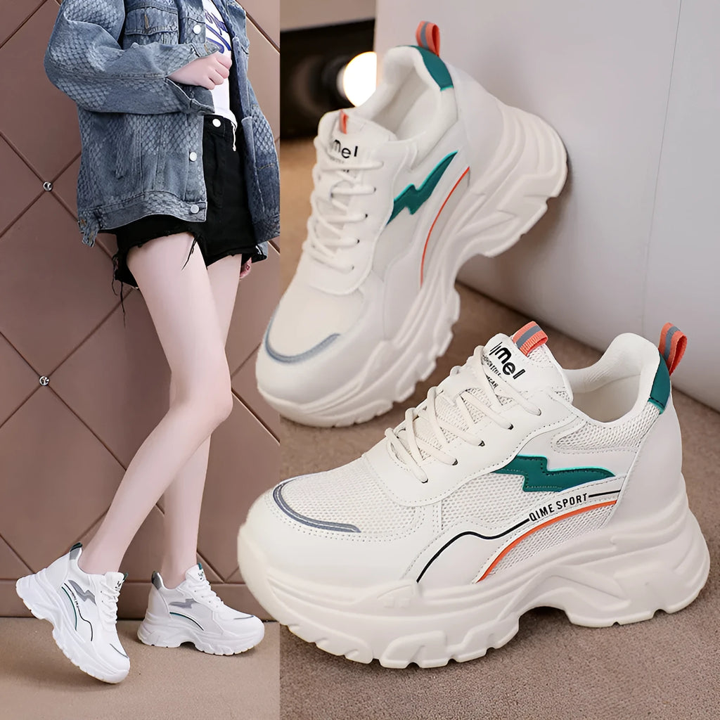 Women's white height increasing dad shoes with breathable mesh and lace-up design
