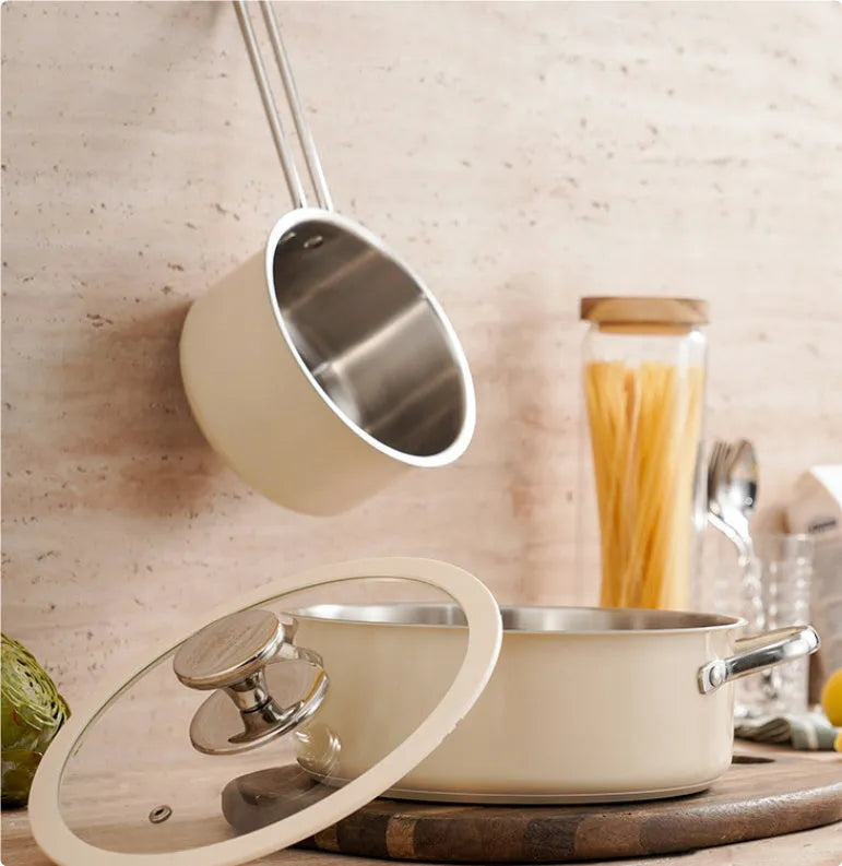 Stainless steel 304 double bottom soup pot set with beige gift box and glass covers