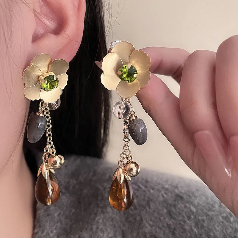 Gold diamond flower love iron earrings heart floral pastoral style for women