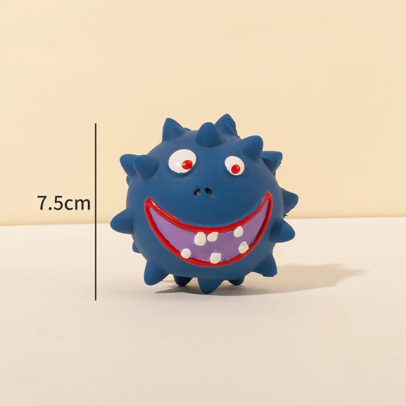 Four colourful squeaky dog balls with textured surfaces and cute faces