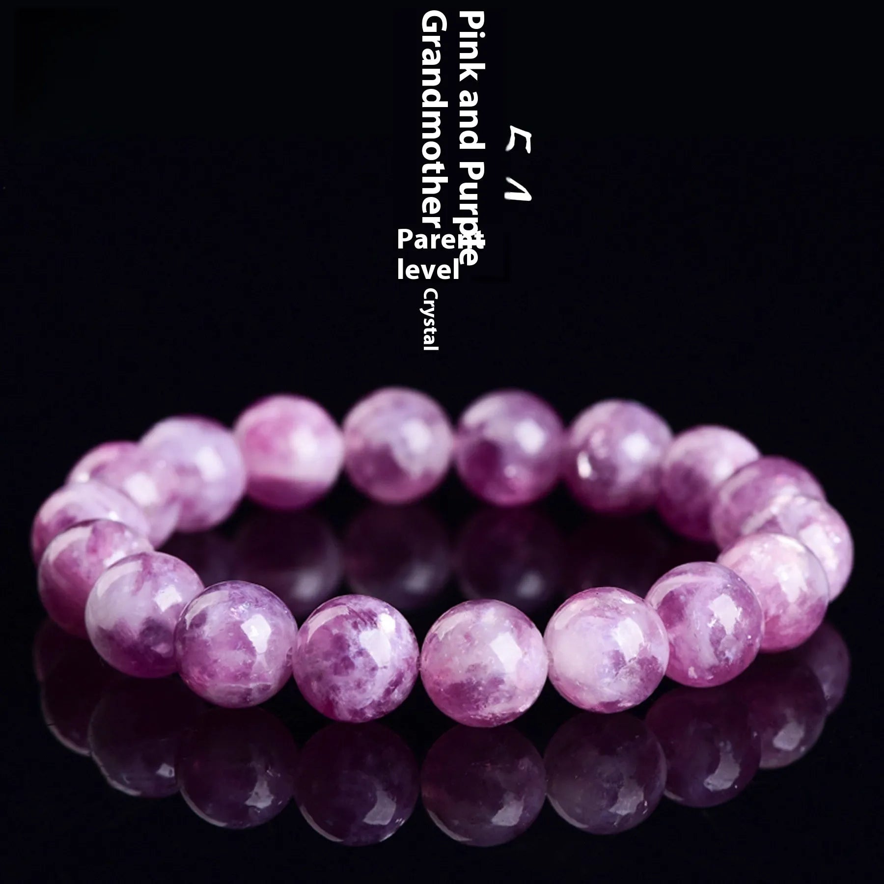 Polished purple and pink crystal grandmother bracelet with geometric beads on a wrist, showing Korean-style unisex design.