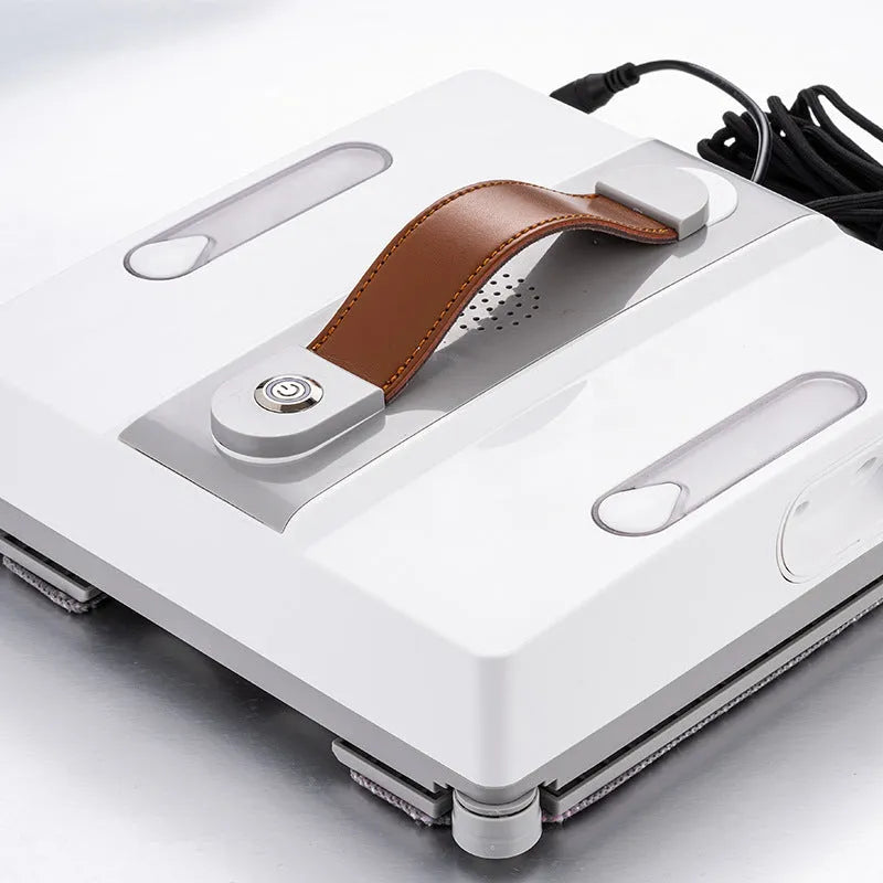 White intelligent window cleaning robot for high-rise buildings with voice and app control options.