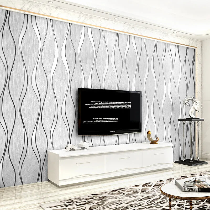 Close-up of light grey 3D stripe wallpaper with thick deerskin velvet texture on a non-woven base.