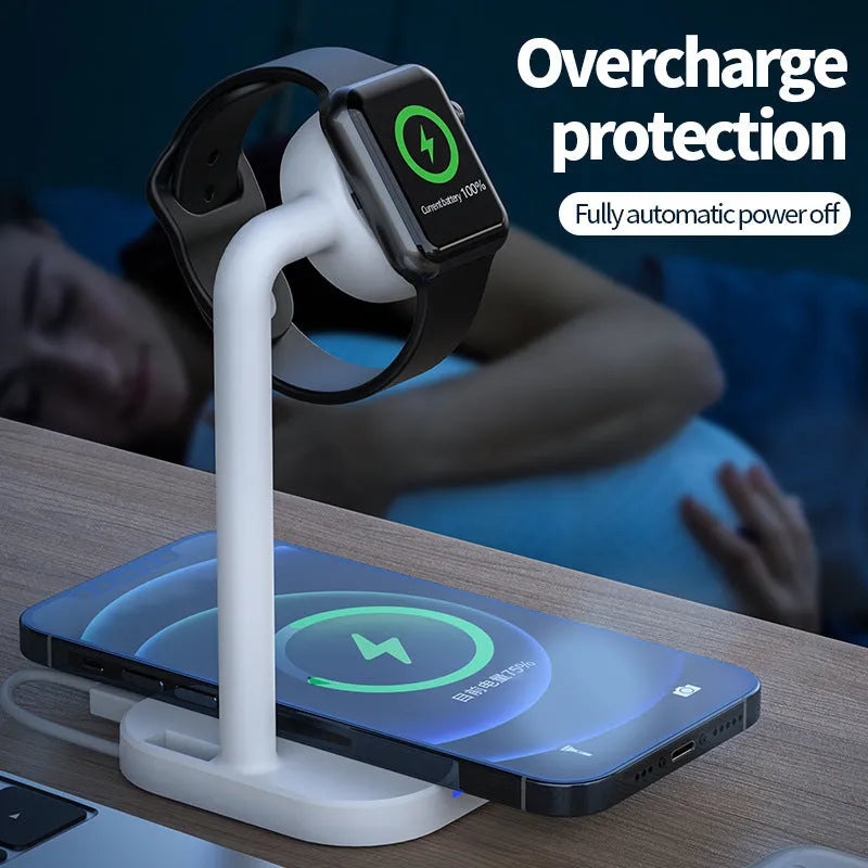 Multi function desktop stand wireless charger in black with indicator light, holding a mobile phone upright