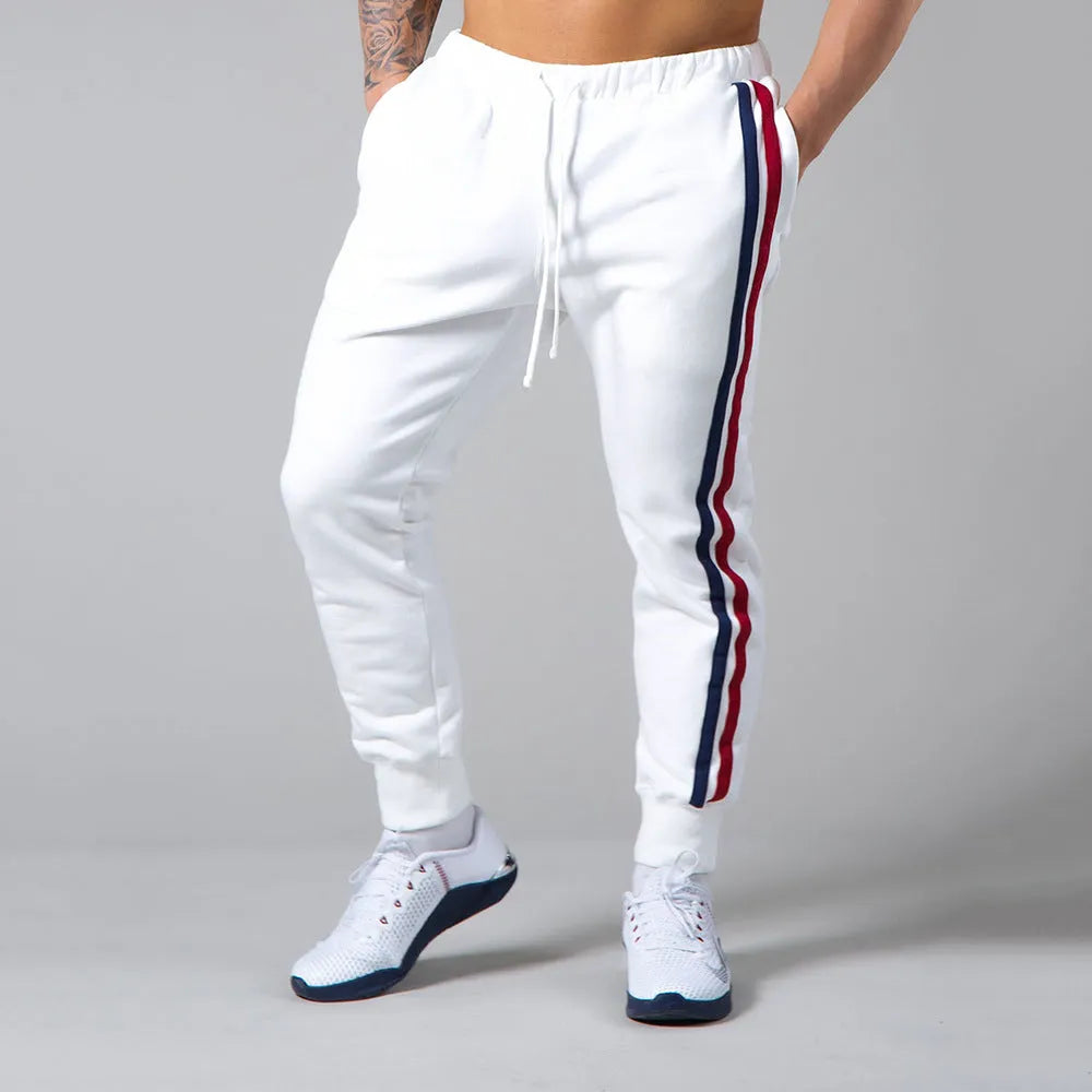 Cotton long pants for outdoor fitness training with elastic waist, available in black, white, navy blue, light board colours